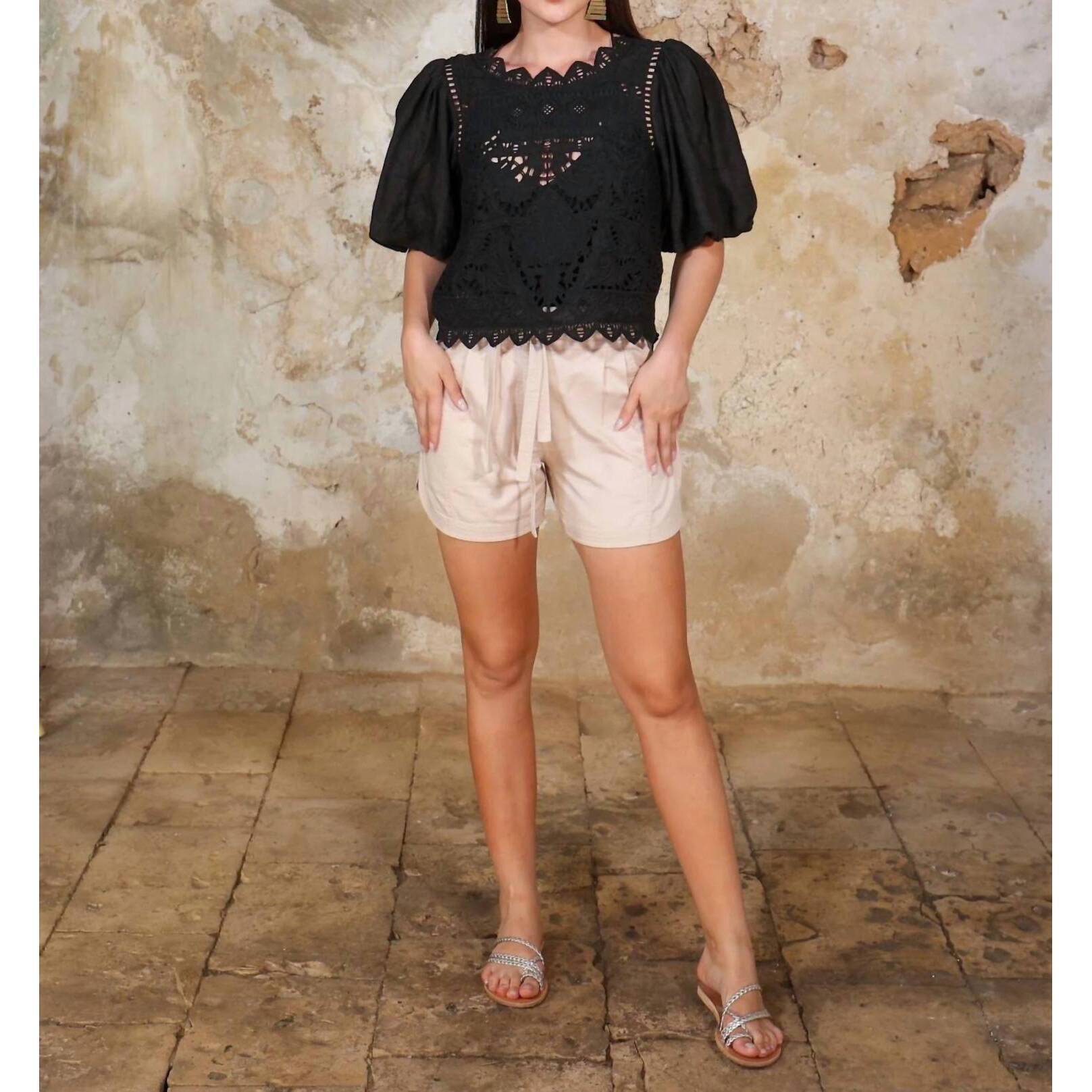 New Scarlett Poppies Cutwork Embroidered Linen Balloon Sleeve Top In Black